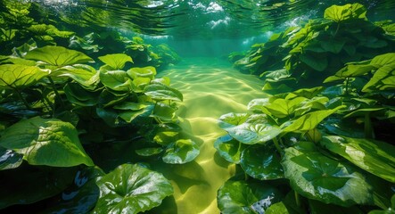 Underwater scene featuring lush green water plants and illuminated sandy bottom in clear water environment