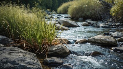 Obraz premium Stream flowing through rocks and grass landscape in a natural outdoor setting with sunlight on water surface.