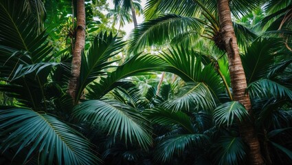 Lush tropical jungle with dense green palm leaves and tall palm trees creating a natural foliage background.