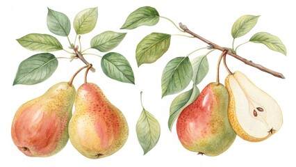 Watercolor Pears on Branch Botanical Illustration, Pair of Pears, Autumn Harvest, Fruit Painting, Pear Tree. Pear, Watercolor