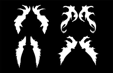 Tattoed style angel wings illustration with various styles on a black background
