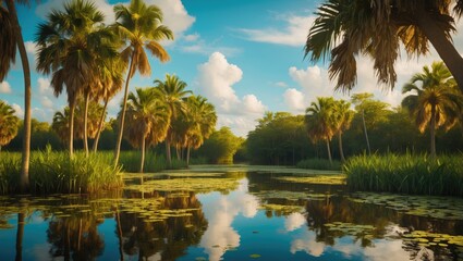 Obraz premium Tropical landscape with palm trees and reflective water under blue sky with clouds and greenery in the background