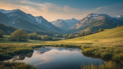 Fototapeta premium Mountain landscape with grassy meadows and a calm reflective pond surrounded by forested hills and snow-capped peaks at sunset