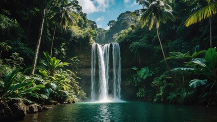 tall tropical waterfall cascading into tranquil pool surrounded by lush greenery and palm trees under a bright blue sky