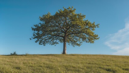 Obraz premium Lone tree on a hill against a clear blue sky with green grass in the foreground during daylight hours
