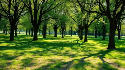 Obraz premium Trees cast dappled shadows on the ground of a Dutch field in the shaded forest, outdoorsy, field, trees
