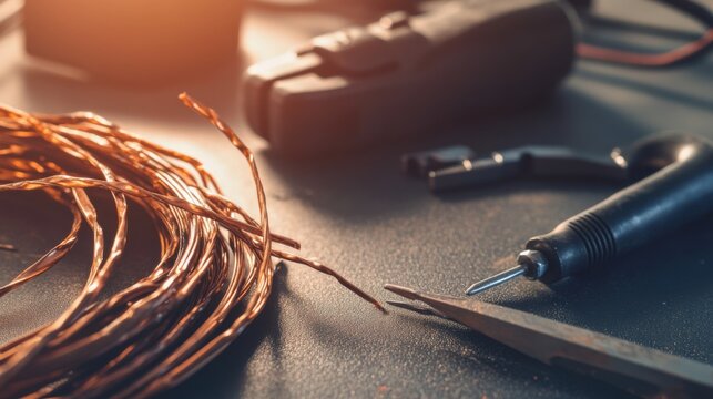Damaged cables with exposed copper on a clean desk. Featuring frayed edges and broken insulation