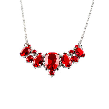 Silver necklace with red diamonds isolated on transparent background. Silver necklace with ruby, topaz, sapphir png. Jewelry and gemstones