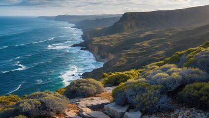 Coastal landscape with cliffs and ocean waves in the foreground under a cloudy sky during golden hour lighting