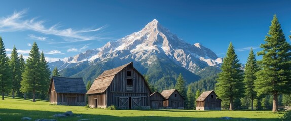 Fototapeta premium Mountain landscape with wooden barns and evergreen trees under a clear blue sky with snow-capped peaks in the background