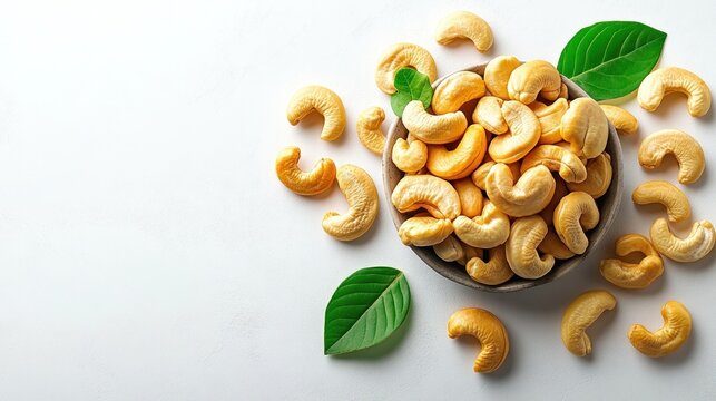 Roasted cashews bowl, white background, food photography, healthy snack