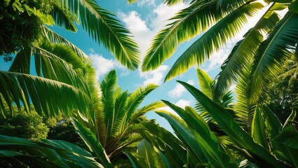 Fototapeta premium Lush green palm tree leaves with blue sky and fluffy clouds in a tropical setting during daylight.