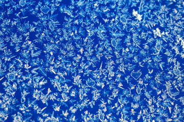 A detailed close up showcasing snowflakes beautifully resting on a blue surface