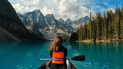 Woman paddles through the crystal-clear waters of Moraine Lake, Alberta, Canada