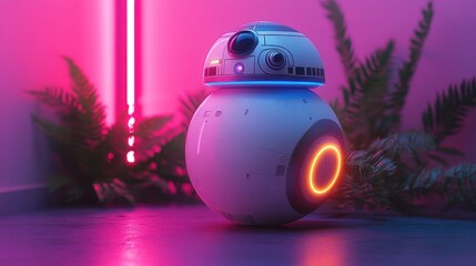 Robot glows, neon room, plants, future tech