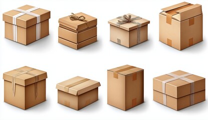 Fototapeta premium Collection of Eight Brown Cardboard Boxes with Different Packaging and Sizes
