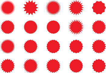 Starburst red sticker set - collection of special offer sale oval and round shaped sunburst labels and badges. Promo stickers with star edges. Vector.