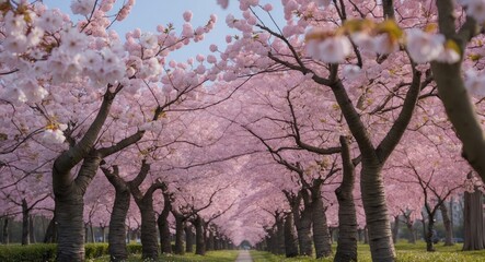 Cherry blossom trees in full bloom lining a pathway in a park during spring season with clear blue sky and soft sunlight