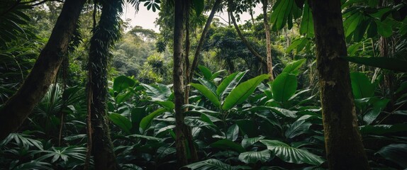 Naklejka premium Lush green tropical rainforest with dense foliage and towering trees under natural light