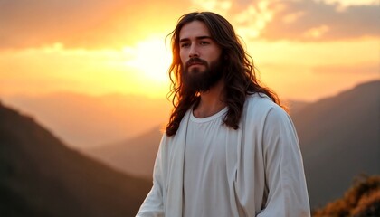 Fototapeta premium Jesus Christ standing against a vibrant orange and yellow sunset sky with mountains in the background.