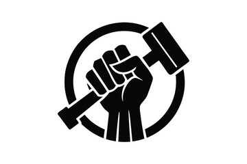 Silhouette of a strong, clenched fist holding a hammer vector art illustration.eps