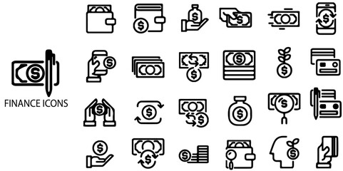 Finance simple concept 28 icons set. Contains such loan, cash, saving, financial goal, profit, budget, mutual fund, earning money and revenue .Vector illustration.