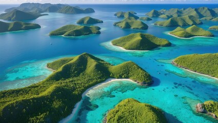 Aerial view of tropical islands surrounded by turquoise waters and lush green vegetation in a clear blue sky.