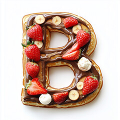 Alphabet in the form of pancakes, covered in syrup and decorated with fruit