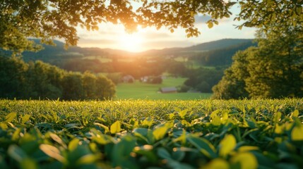 Obraz premium Lush field sunset valley view