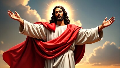 Fototapeta premium Jesus Christ with long brown hair and a red robe holding out his hand.