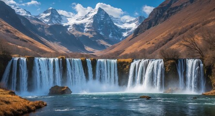 Fototapeta premium Majestic waterfall cascading down rocky cliffs with snow-capped mountains and clear blue sky in background during daytime in serene landscape.