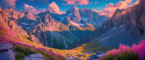 Mountain landscape with vibrant pink wildflowers in foreground and dramatic peaks under colorful sunset sky. Natural beauty scene.