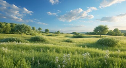 Obraz premium Lush green rolling hills under a blue sky with fluffy clouds and scattered trees in a picturesque landscape during daylight.