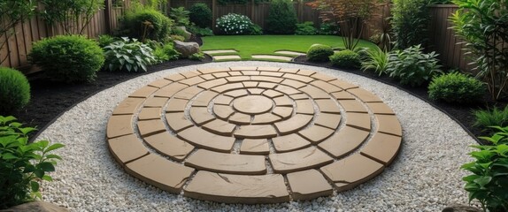 Obraz premium Circular stone patio design surrounded by greenery in a well-maintained garden setting with decorative plants and lawn.