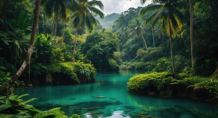 Fototapeta premium Tropical rainforest with lush greenery and clear turquoise water in a serene natural landscape setting