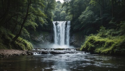 Obraz premium Lush forest landscape featuring a cascading waterfall surrounded by greenery and a tranquil river in a serene natural setting