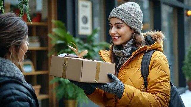 Gift Exchange: A warmly dressed woman extends a beautifully wrapped gift box to another person on a snowy day, symbolizing generosity and thoughtful gestures.