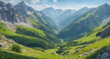 Naklejka premium Lush green valley surrounded by majestic mountains under a clear blue sky, with sunlit slopes and serene landscape details.