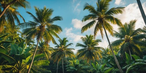 Fototapeta premium Tropical palm trees against blue sky with fluffy clouds in lush green jungle setting