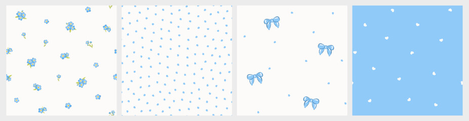 Vector illustrations. Set of 4 Seamless patterns in blue tones, forget-me-nots flowers, dots, hearts. Summer, vacation, fabric design, wrapping paper