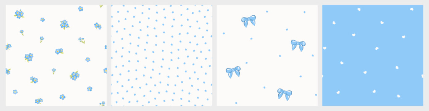 Fototapeta Vector illustrations. Set of 4 Seamless patterns in blue tones, forget-me-nots flowers, dots, hearts. Summer, vacation, fabric design, wrapping paper