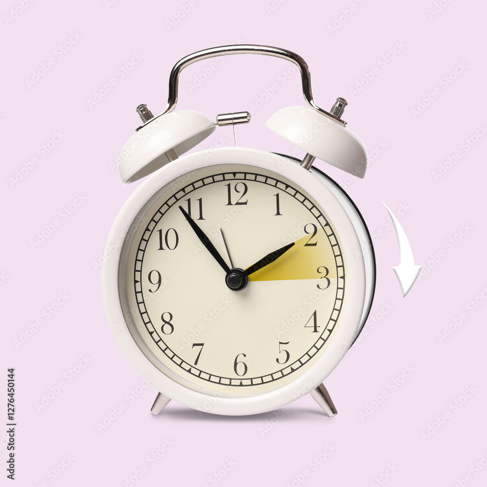 Poster Daylight saving time. White alarm clock on light pink background. Highlighted area and arrow showing time change by one hour forward