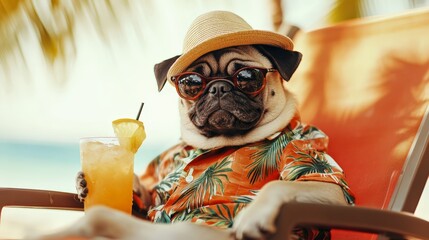 Goofy pug wearing a Hawaiian shirt and a tiny hat, lounging on a beach chair with a tropical drink, ultimate vacation mood.