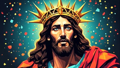 A cartoon drawing of Jesus Christ wearing a crown of spikes and surrounded by colorful shapes.