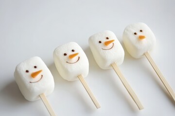 Three cute marshmallows in colorful scarves are in the snow