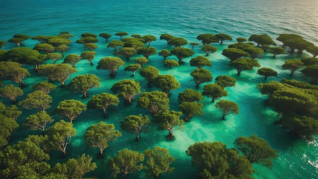Aerial view of dense mangrove forest in turquoise waters, highlighting lush green foliage and serene coastal ecosystem.