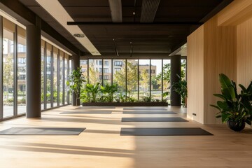 Empty yoga studio with city view, ready for class