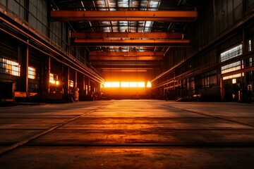 Naklejka premium Industrial warehouse interior sunset light shining through windows