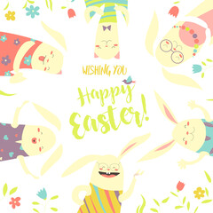 Funny bunnies celebrating Easter. Vector greeting card