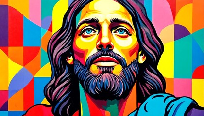a vibrant digital artwork featuring a stylized depiction of Jesus Christ's face set against an abstract geometric background.